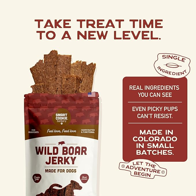 Smart Cookie 100% Wild Boar Jerky Dog Treats - Single Ingredient Hypoallergenic Training Treat Strips for Dogs and Puppies with Sensitive Stomachs - 100% Boar Meat, Grain Free, Made in USA - 3oz