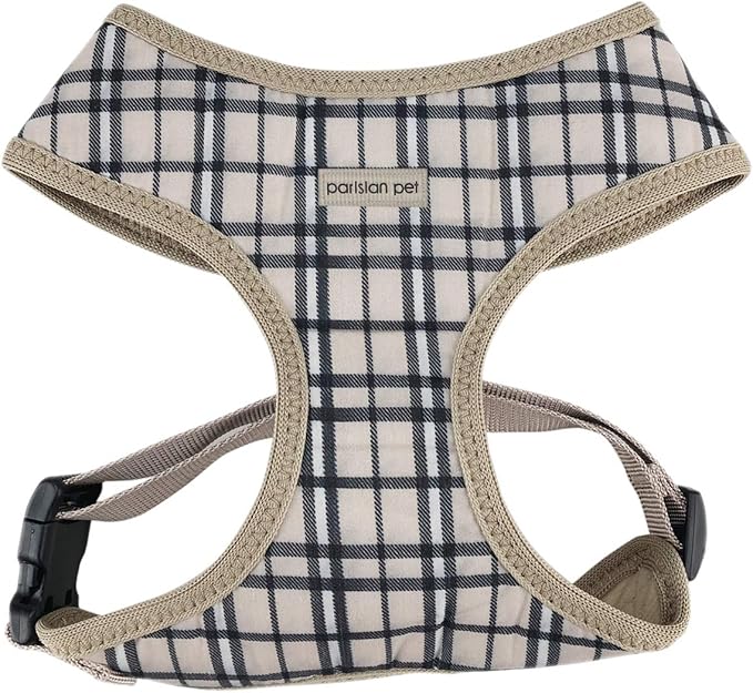 Parisian Pet Plaid Khaki Dog Harness - Breathable No Pull Puppy Harness with Leash Ring - Adjustable Harnesses for Dogs - Soft Padded Step-in Pet Vest - Lightweight Dog Vests for Large Dogs
