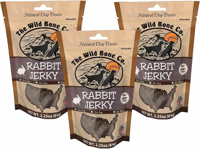 The Wild Bone Company Rabbit Jerky Dog Treats | Natural High Protein Chewy Training Bits | Made in The USA, 2.25 Ounces (Pack of 3)