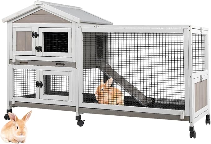 2-Story Rabbit Hutch Outdoor with Wheels, Weatherproof Indoor Bunny Cage with Anti-Chew Metal Frame Ramp, 3 Pull-Out No-Leak Trays, Waterproof Roof, Small Animals Cage