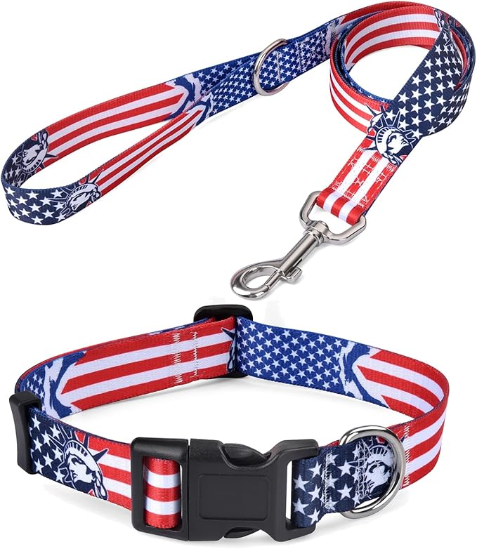 American Flag Collar & Leash Set - Patriotic 5th of July Themed for Independence Day - for Small Medium Large Dogs, XS