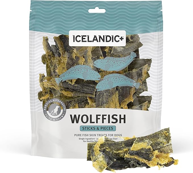Icelandic+ Sticks & Pieces: Wolffish 9oz - Pure Fish Skin Dog Treats, Air-Dried Single Ingredient Long Lasting Chews