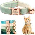 Personalized Non-Breakaway Cat Collar with Name, Luxury Soft Velvet Custom Engraved Name Collar with Bell for Kittens & Cats (Celadon, L (7.5-12.5 inches))