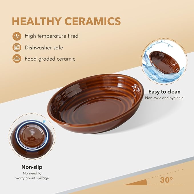Havniva Ceramic Wide Whisker Friendly Cat Dishes, Set of 3 Ceramic Cat Bowls, Anti-Slip Indoor Kitten Feeding Food& Water Dish to Prevent Whisker Fatigue(3 Pcs, Caramel Brown)