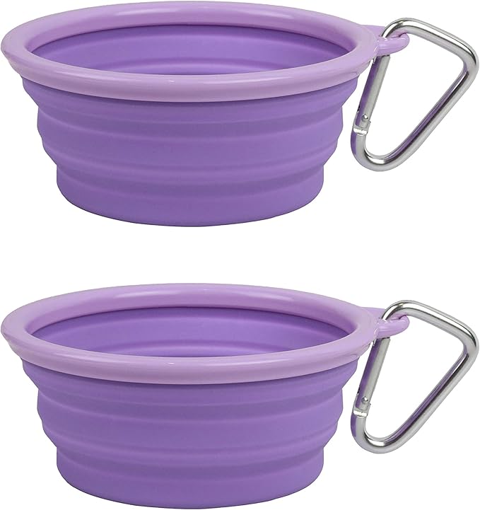 Collapsible Silicone Water Travel Bowl with Clip for Dog and Cat, Portable and Durable Pop-up Feeder for Convenient On-The-go Feeding – Size: Small (1.5 Cups) Purple – 2 Pack