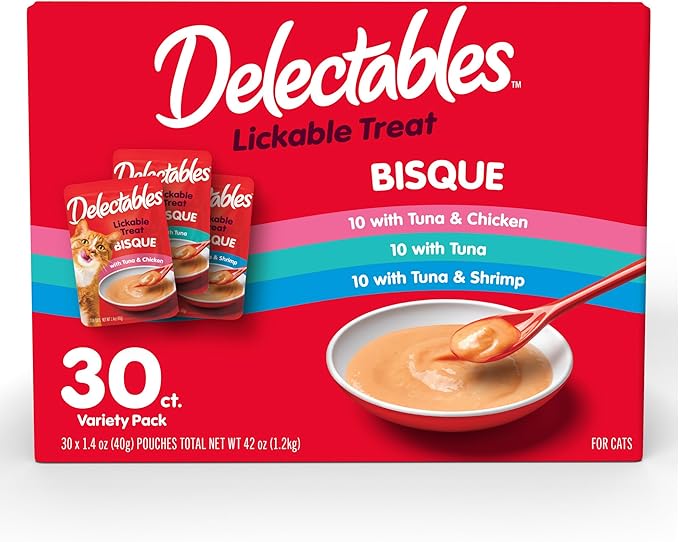 Delectables Lickable Treat Bisque Wet Cat Treat Variety Pack, Food Topper, Hydrating, Grain-Free, No Fillers, No By-Products, No Added Preservatives, 1.4oz Pouch, 30ct