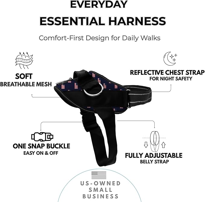 ShawnCo Essential Dog Harness, No-Pull Pet Vest with 3 Leash Clips, No Choke, Reflective, Adjustable and Padded, for Easy Walking and Training for Small, Medium and Large Dogs (USA Flag,S)