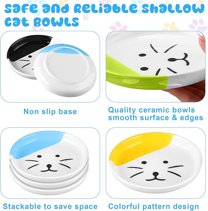 Hillban 5 Pcs Ceramic Cat Food Plate Set, 6'' Shallow Cat Food Dish Cute Nonslip Flat Wide Bowl Colorful Small Feeding Bowls for Indoor Puppy, Dishwasher Safe