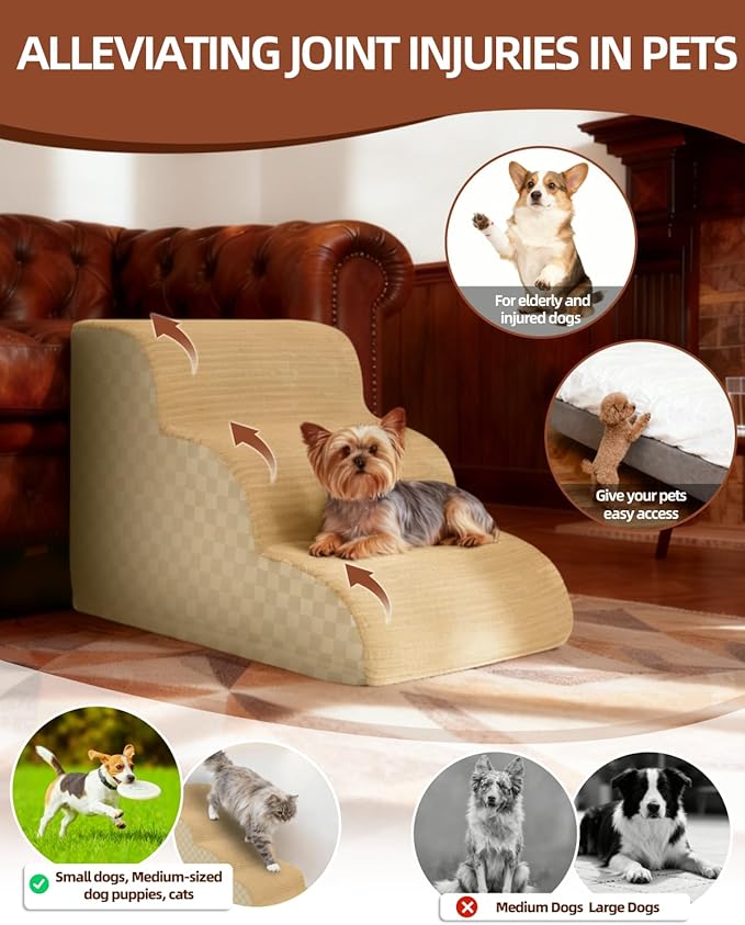 Dog Curved Stairs for High Beds 22" H, 5-Step Pet Stairs for Small Dogs with High Density Foam, Dog Slope Stairs with Durable Non-Slip Bottom Khaki