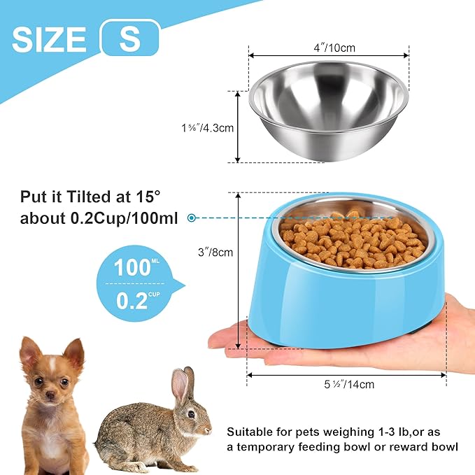 Tilted Dog Bowl Non-Slip & Non-Spill Pet Feeder with Elevated Detachable Melamine Stand, Easy to Get Food Dog Dish, S/100ml Sky Blue