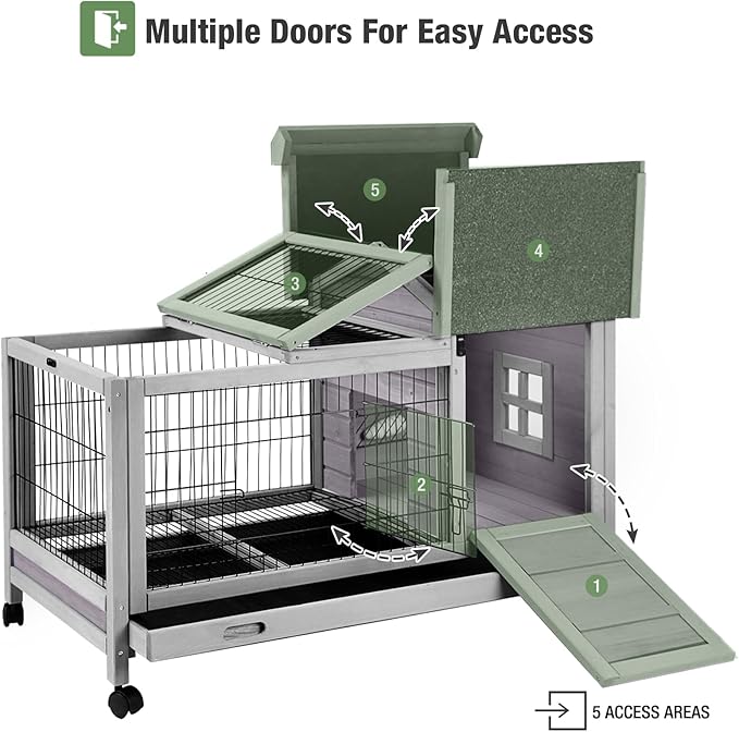 Wooden Rabbit Hutch Indoor and Outdoor, Rabbit Cage with Removable Wire Netting and Leak Proof Tray, Mobile Bunny Cage with Wheels (Grey)