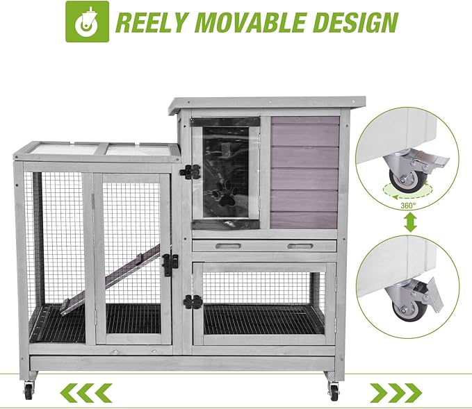 Gutinneen 2-Story Rabbit Hutch Indoor Wooden Bunny Cage with Removable Wire Mesh Floor, Chew-Proof Ramp, Lockable Wheels, Pull Out Trays for 1-2 Rabbit, Guinea Pig, 40.6" L x 26" W x 37.6" H