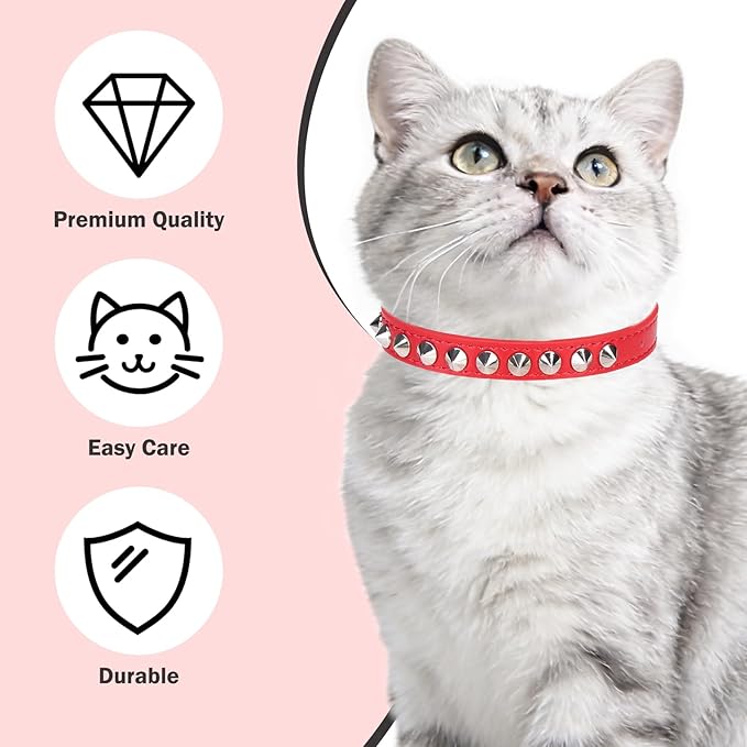 Leather Cat Collars for Boy Girl Cats with Bell and Safety Elastic Belt, Personalized Rivets Stud Adjustable Safe Buckle Collar with Skull Charm for Kitty Small Pets, Red