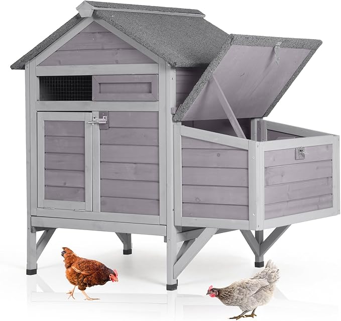 GUTINNEEN Small Chicken Coop with Nesting Box for 2–3 Chickens, Outdoor Duck House Raised Rabbit Hutch with Weatherpoof Asphalt Roof, 2 Perches, Easy Clean Pull-Out Tray, 40.94"L x 27.37"W x 38.55"H