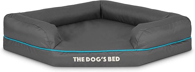 The Dog’s Bed Orthopedic Memory Foam Corner Dog Bed, Calming Surface – CertiPUR-Certified Foam, Oxford Fabric, Grey with Blue Trim, Medium