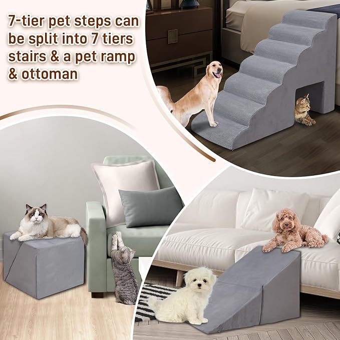 7-Step Dog Stairs for High Bed 30-36" H, Dog Steps for High Bed Couch, Pet Steps for Small, Older Pets, Non-Slip Balanced Pet Ramp Indoor, Grey