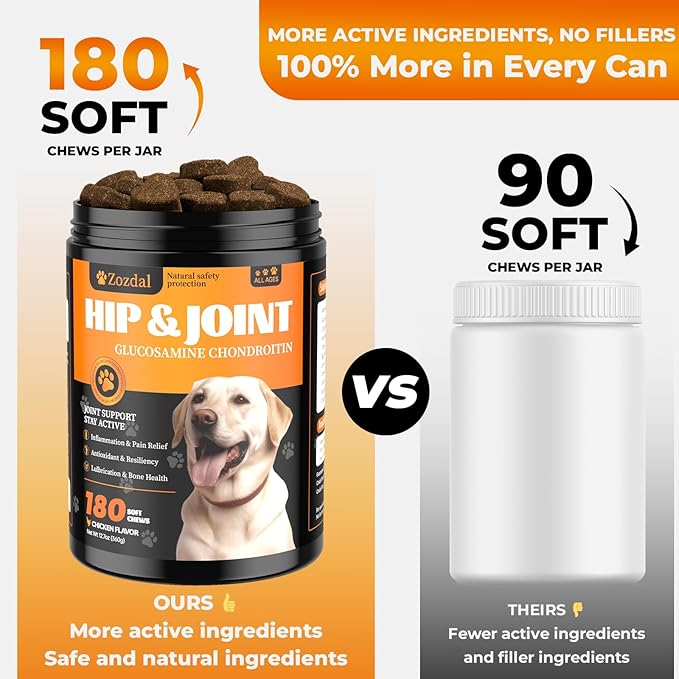 Dog Hip & Joint Supplement, 180 Chicken Chews - Glucosamine Chondroitin MSM Turmeric for Large Breed & Senior Dogs
