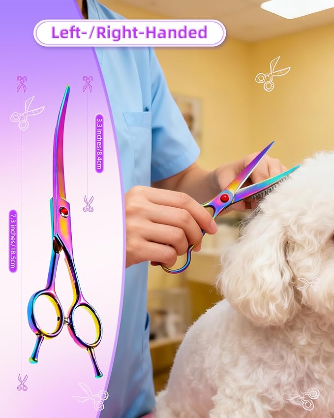 7.3" Dog Grooming Scissor - Professional Down-curved Shear with Ergonomic Handle Stainless Steel Hair Shears for Dogs, Cats and Other Pets - Pet Hair Trimming Scissor(Curved, Iridescent)