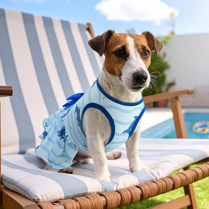Vehomy 2-Pack Dog Summer Dress Breathable Puppy Cat Dresses with Bowknot Pet Summer Cool Outfits Skirts with Sea Fish Dolphin Patterns for Small Medium Dogs XS