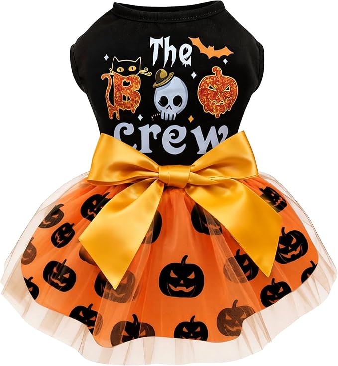 Idepet Dog Dress Halloween, Holiday Puppy Skirt Cute Boo Dog Costume Funny Pumpkin Print Pet Apparel Dog Clothes for Small Dogs Girls and Cats (Medium)