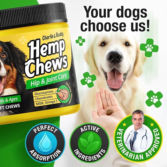 Glucosamine for Dogs - Hеmp Calming Chews with Glucosamine & Chondroitin - Daily Support with MSM, Omega 3 and Turmeric for Senior and Large Breed Dogs - Chicken Flavor, 120 Soft Treats