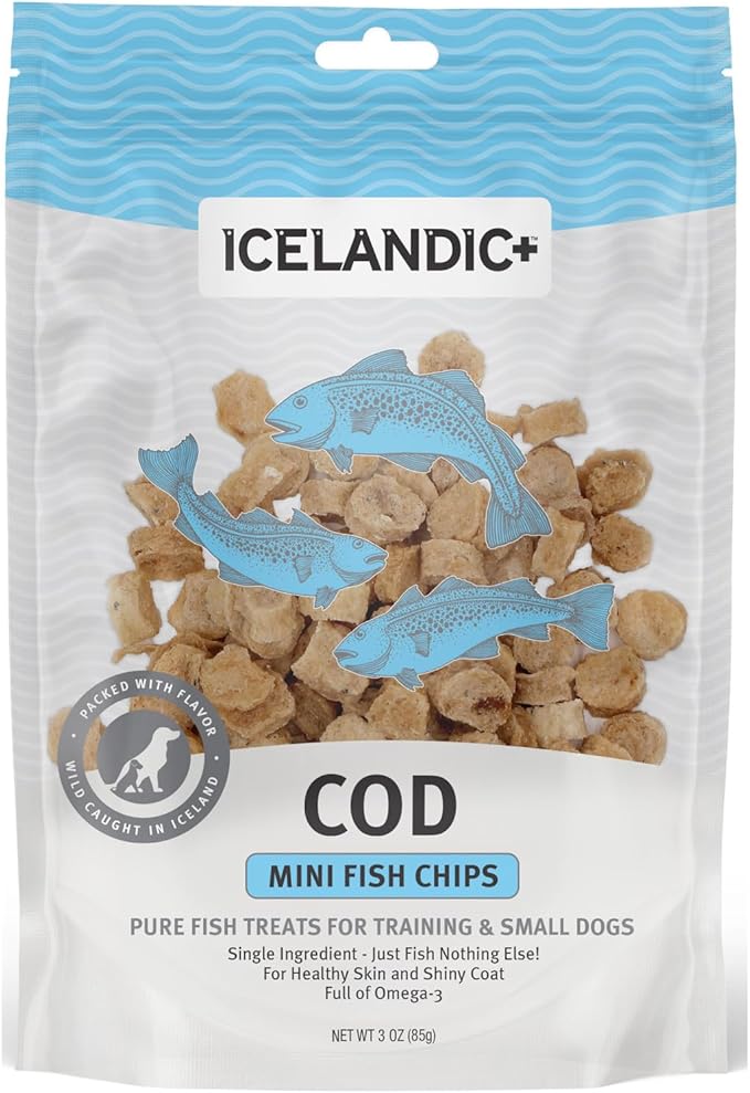 Icelandic+ Mini Fish Chips: Cod - 2.5oz Bag,Dog Treats,Wild-Caught & Air-Dried,Ingredient Crunchy Pet Snacks,Just The Fish Nothing Else,(Pack of 2)