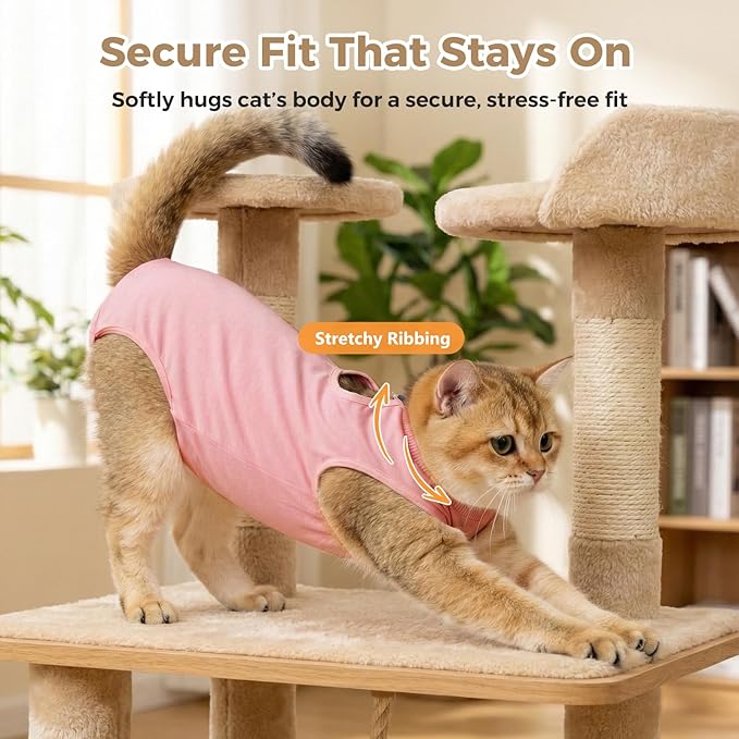 Avont Cat Recovery Suit for Surgery, Breathable Anti-Licking Onesie for Kittens, Surgical Post-Operative Protective Bodysuit, Comfortable Alternative to E-Collar -Pink (L)