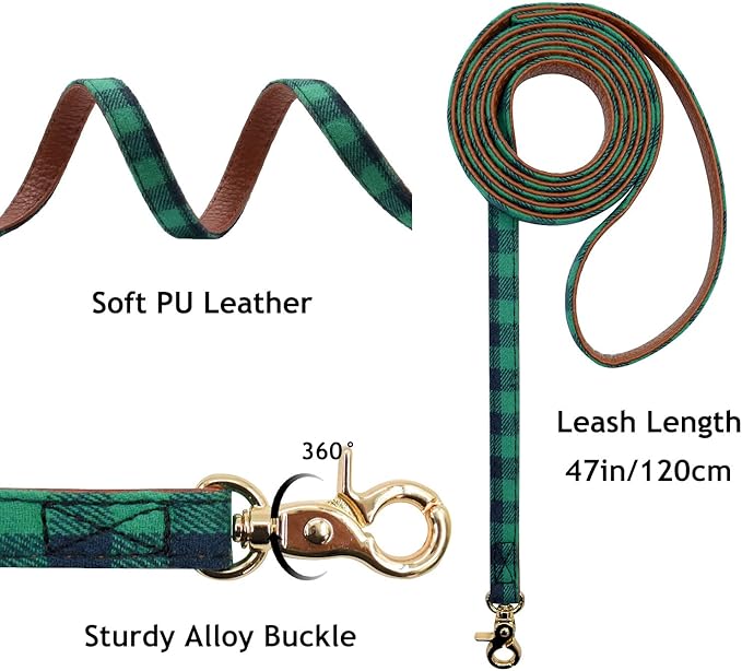 3PCS Bow Tie Dog Collar and Leash Set Plaid/Camo/Dots/Flower Dog Bandanas with Bell 3 Size Adjustable for Small Dogs Puppies and Cats (XS, Green Plaid)