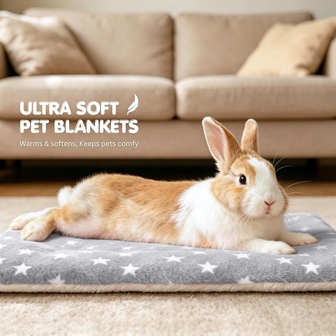 4 Pack Rabbit Bed Mat, 14" x 11" Soft Fluffy Flannel Small Pet Blanket, Washable Sleeping Pad for Guinea Pigs, Bunnies, Star Print - Grey