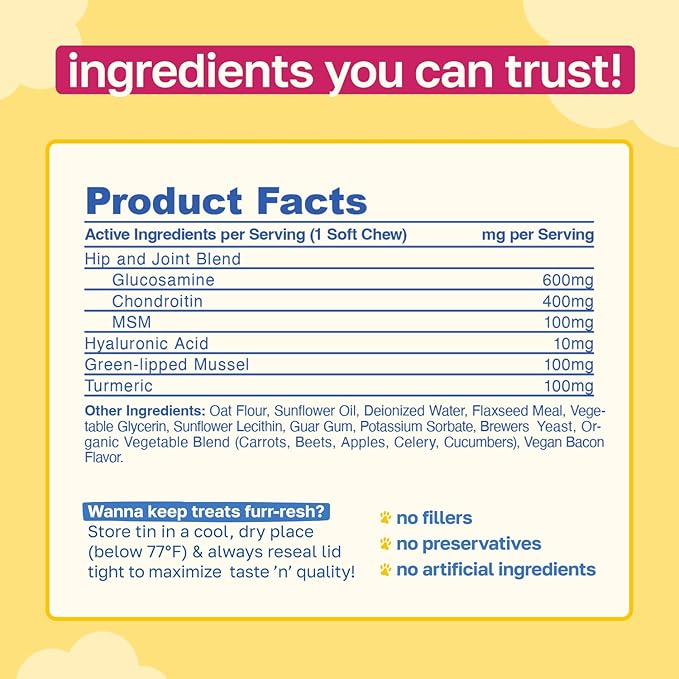 Happy Paws Hip and Joint Supplement for Dogs, Glucosamine Chondroitin for Dogs of All Breeds, Joint Support Soft Chews with Hyaluronic Acid & Turmeric, Vegan Bacon Flavor, Non GMO, 200 Soft Chews