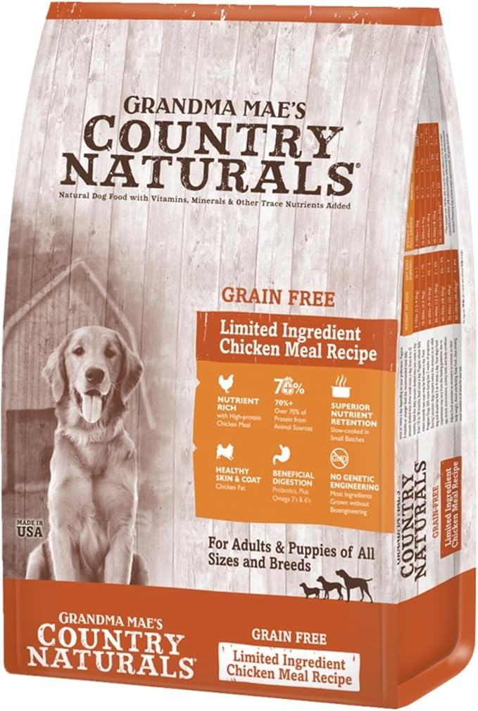 Grandma Mae’s Country Naturals Dry Dog Food, Grain Free Formula, Chicken, Slow Cooked & Nutrient Dense, Made in USA, 25 LB Bag