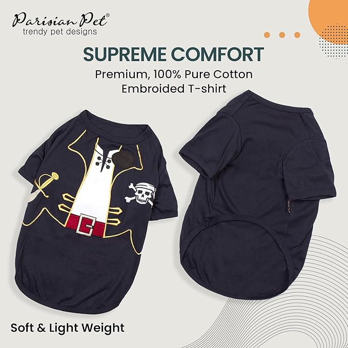 Parisian Pet Captain Sparrow Dog Costume - 100% Cotton Black Dog Clothes for Small Dogs Boys - Lightweight Puppy Outfits - Funny Chihuahua Clothes - Cute Pirate Pet Shirt - Stretchy T Shirt for Dogs