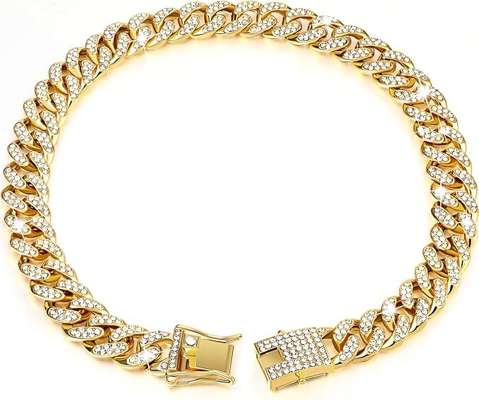 Tallew Gold Dog Chain Diamond Collar Walking Metal Chain Necklace with Secure Buckle Pet Cuban Style Collar Jewelry Accessories for Small Medium Large Dog Cats (12 inch)