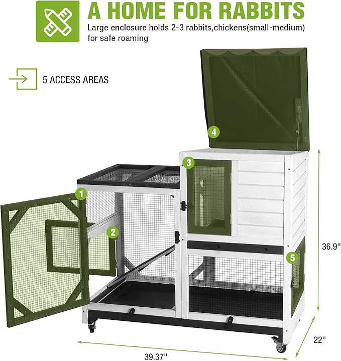 GUTINNEEN Rabbit Hutch Mobile Bunny Cage with Wheels, Chewproof Ramp, Leak Proof Trays – Ideal Cage for Rabbits, Guinea Pigs, and Chickens, Indoor/Outdoor Use,39.4" L x 22" W x 37" H, Black and White