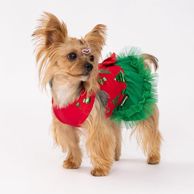 Fitwarm Christmas Tree Dog Tulle Dress, Christmas Clothes for Small Dogs Girl, Holiday Pet Outfit, Red, Green, XXS