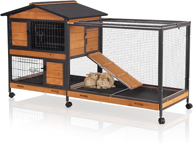 GUTINNEEN Rabbit Hutch with All Around Metal Frame, Ramp, Large Mobile Bunny Cage with 6 Wheels, 2 Story Wooden Cage for Rabbits, Guinea Pigs, and Chickens, Outdoor/Indoor Use, 62"L x 22.6"W x 33.5"H