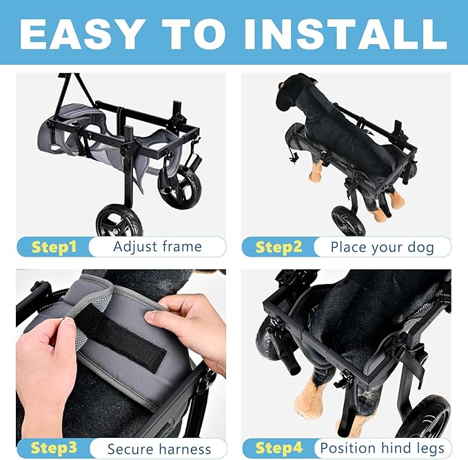 Dog Wheelchair for Back Legs, Adjustable Height/Length/Width, Sturdy Wheelchair with All-Terrain Shock-Absorbing Wheels, Mobility Support for Injured or Disabled Small & Medium Dogs & Cats
