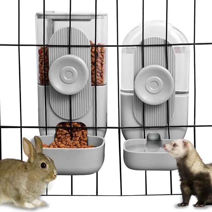 Lemtrflo Hanging Automatic Rabbit Feeder for Cage,Dog Cat Food and Water Dispenser,Rabbit Water Bottle Guinea Pig Food Bowl Set,Gravity Feeder for Cats Dogs (Gray)