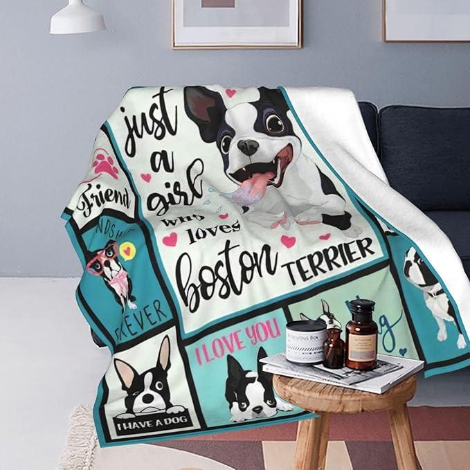 SweetFox Just A Girl Who Loves Boston Terrier Blanket, Funny Dog Decor Throw Blanket Gifts for Girls Boys Lover Super Warm Soft Plush Fleece Flannel Bedding Blankets for Kids Adults Men Women 80"X60"