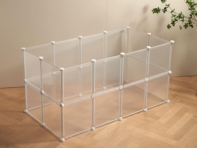 LURIVA Transparent Clear Small Animal Playpen, Guinea Pig Cages, Puppy Dog Playpen, Pet Playpen, Rabbit Bunny Indoor Outdoor Fence Pen Enclosure, White Clear Plastic Playpen,12 X 12 Inch, 24 Panels