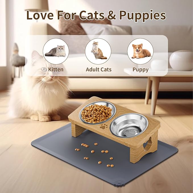 Elevated Cat Bowls with Silicone Mat, 15° Tilted Solid Wood Stand, Raised Stainless Steel Food & Water Dishes for Cats and Small Dogs, Anti-Vomiting Design(Natural)