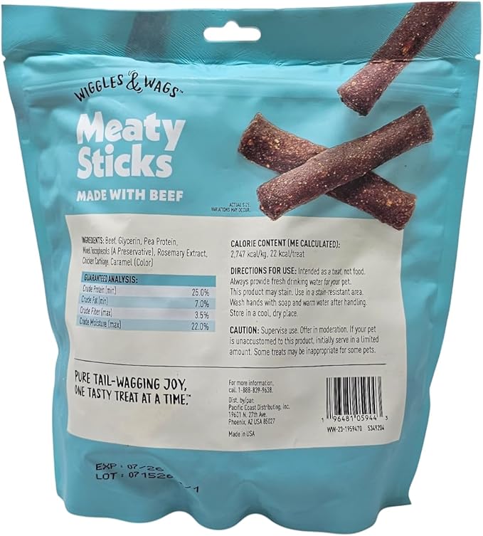 Wiggles & Wags Beef Meaty Sticks Dog Treats, 1 Pound Bag