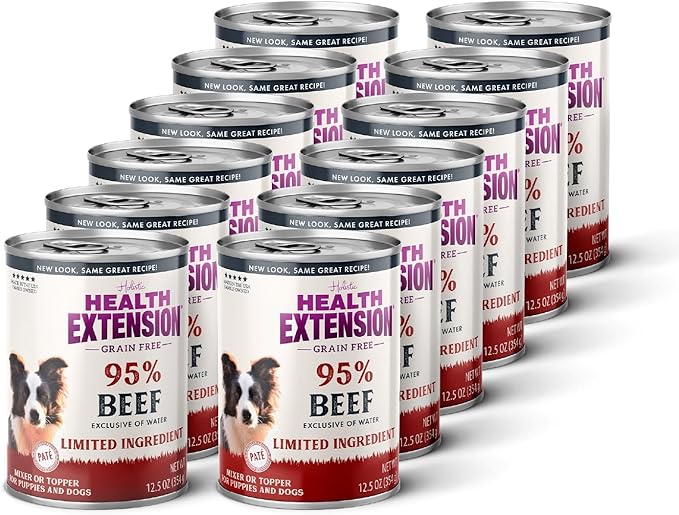 Health Extension 95% Beef Grain-Free Wet Dog Food, High Protein Recipe, Limited Ingredients, Picky Eaters, Ideal for Sensitive Stomachs 12.5 oz (Case of 12)