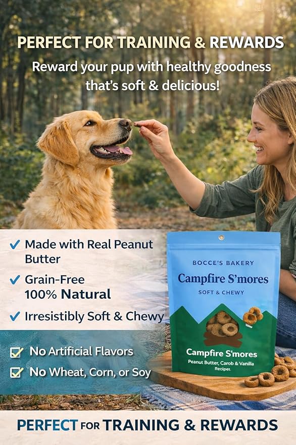 Bocce's Bakery Soft & Chewy Campfire S’Mores Dog Treats, 2 lbs | Wheat-Free, All Natural Ingredients | Made with Peanut Butter & Vanilla| Healthy, USA-Baked Snacks for Dogs
