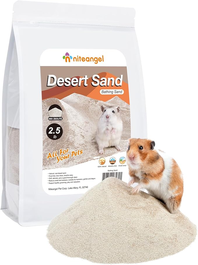 Niteangel Hamster Desert Bath Sand | No-Dust Bath or Potty Litter for Hamsters, Chinchillas, Gerbils, Mice, Degus and Other Small Pets (Desert Sand & Zeolite Particles, 2.5LB/40oz)