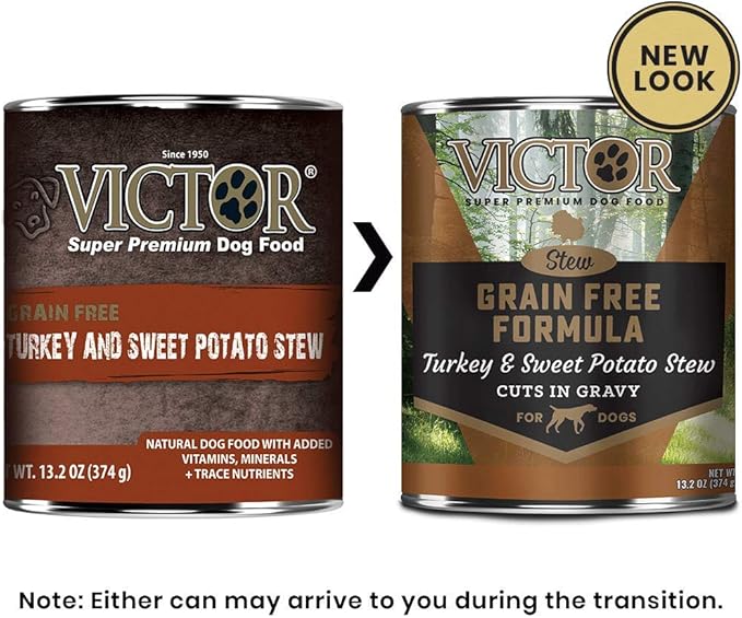 Victor Super Premium Dog Food – Turkey and Sweet Potato Stew Cuts in Gravy – Grain Free Canned Wet Adult Dog Food – Nutrient Rich, Ideal Kibble Topper or Standalone Meal – All Breeds, 12 x 13.2oz Cans