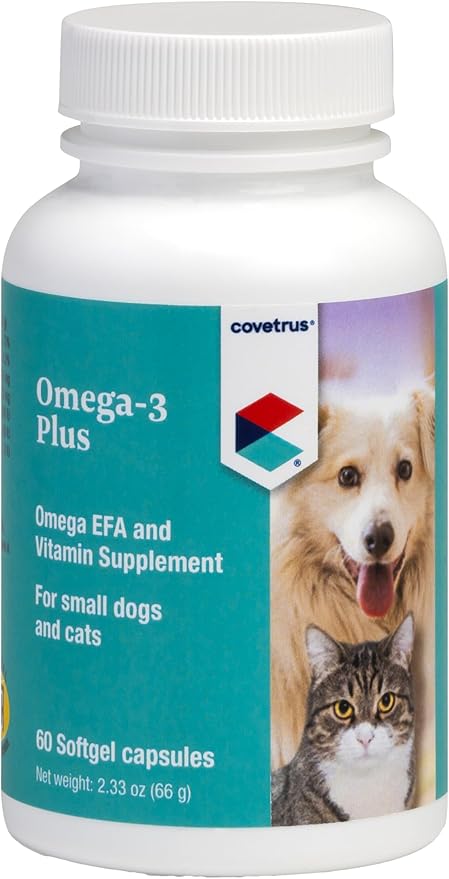 Covetrus Omega-3 Soft Gels for Cats & Small Dogs – Essential Fatty Acids with Vitamins A, E & D3 – Skin, Coat & Joint Supplement – 60 Count