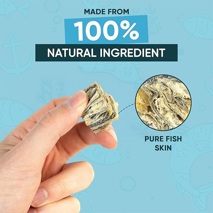 SKIPPER'S Crunchy Cod Fish Skin Cubes - All Natural & Single Ingredient Baked Cod Skin Dog Treats, Rich in Omega 3, Hypoallergenic Crunchy Bites, Gluten Free Treat Great for Cleaning Teeth | (7.05 Oz)