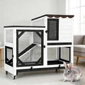 Rabbit Hutch Indoor Outdoor, 2-Story Bunny Cage with Wheels, Wooden Rabbit House with Leakproof Trays, Rain Cover, Guinea Pig Cages with Chew-Proof Ramp (White)