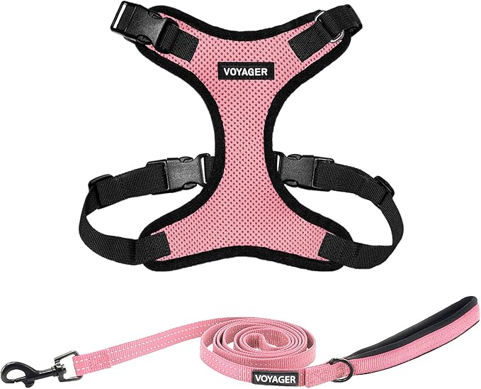 Best Pet Supplies Voyager Step-in Lock Pet Harness w Reflective Pet Leash Combo Set with Neoprene Handle 5ft - Supports Small, Medium and Large Breed Puppies/Cats - Pink/Black Trim, XL